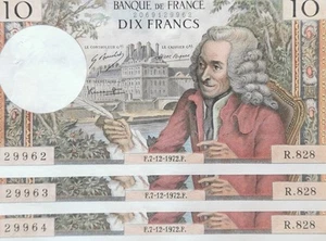 Suite de 3 Billets 10 francs VOLTAIRE 1972 - numéros consécutifs - 29962 à 29964 - Imagen 1 de 4