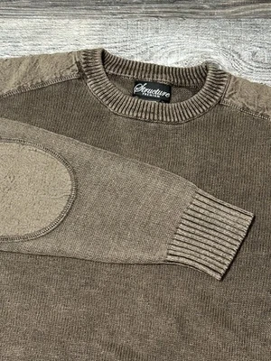 Vintage Y2K Structure Premium Ramie Ribbed Knit Brown Sweater Elbow Patch L - Image 1 of 4
