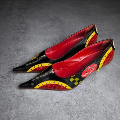 RARE VINTAGE Andrea Lattanzi 40.5 Black Red Race Car Pump Heels Zipper 89 98 - Image 1 of 4