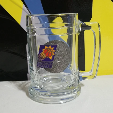 Vintage Phoenix Suns Collectible Pint Glass w/ Metal Badge Beer Mug Cover