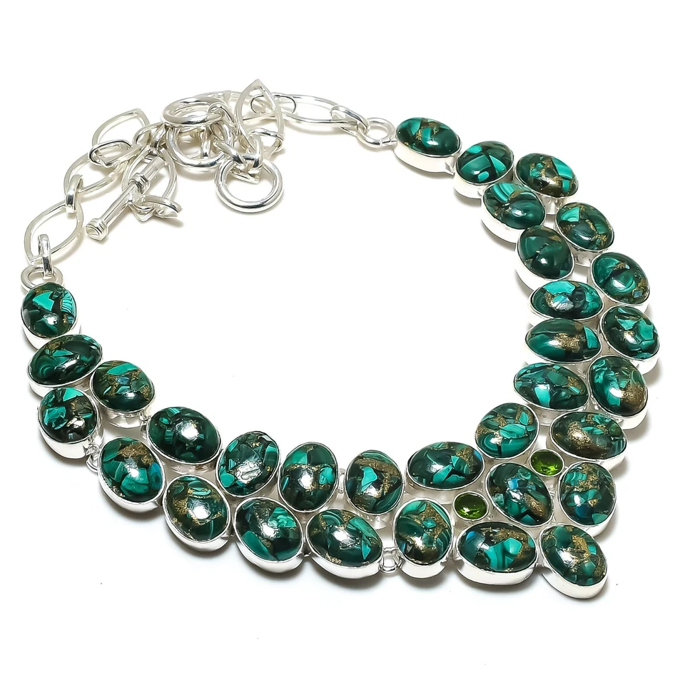 Collar bohemio de joyería de plata de ley 925 hecha a mano con piedras preciosas de malaquita de cobre Foto 1 de 4