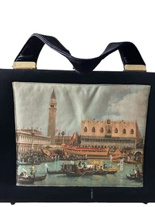 Vintage schwarze Seide klassischer Druck venezianische Kunstszene Damen Handtasche - Bild 1 von 13