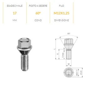 B138 BULLONE RUOTE M12 x 1,25 CONICO 60° HEX17 S60 L85.3 PER DISTANZIALI - Foto 1 di 1