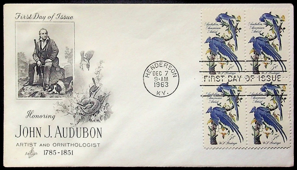 1963 First Day of Issue John J Audubon Stamps Envelope Henderson KY Postmark Art - Image 1 of 2