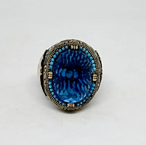 Rare Large Estate Genuine Sterling Silver Men Oval Aquamarine Ring Ottoman Style - Picture 1 of 13