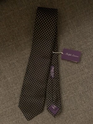 Corbata de seda hecha a mano Purple Label Ralph Lauren negra, lunares grises, hecha en Italia Foto 1 de 4
