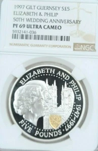 1997 GUERNSEY SILVER 5 POUNDS ELIZABETH & PHILIP ANNIV NGC PF 69 ULTRA CAMEO TOP - Picture 1 of 4