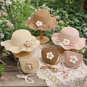 Kids Girls Flower Summer Cap Sun Hats Straw Hat and Crossbody Straw Bag Set - Picture 1 of 15