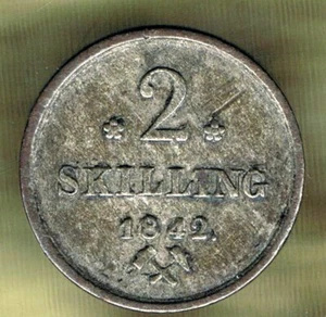 NORWAY - 2 SKILLING 1842 AU KM# 310 - Picture 1 of 2
