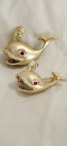 Vintage Satin Gold Tone Whale Pins Brooches Mother daughter Father Son Red... - Picture 1 of 3