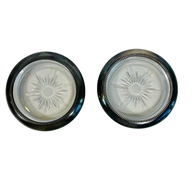Vintage Coasters Leonard Silverplate Rim glass Set of 2 star pattern MCM - Image 1 of 4