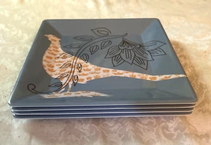 NEW SET of 4 Melamine Blue Pheasants Summer Salad Serving Plates 8” Square NICE! - Picture 1 of 5