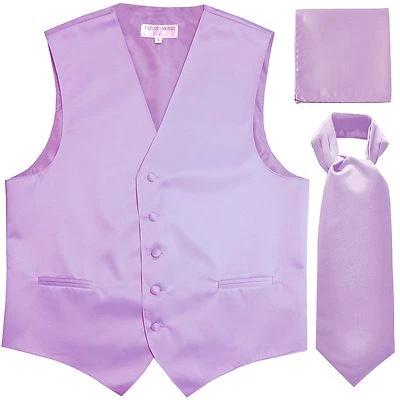 New Men's Solid Tuxedo Vest Waistcoat & Ascot Cravat Set Lavender Wedding formal - Image 1 of 4
