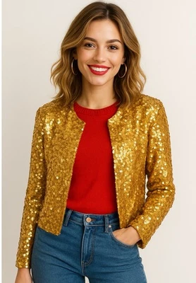 Jaqueta cropped FOREVER 21 lantejoulas ouro rosa brilho bolero, feminina tamanho grande - Imagem 1 de 4