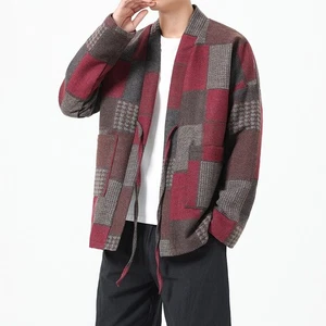 Japanese New Chinese Men's Fashion Wool Blend Retro Jacket Plaid Cardigan Coat - Picture 1 of 26