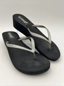 REEF Wedge Sandals Flip Flops Black & Silver Glitter Women’s Size 9 EUC - Picture 1 of 13