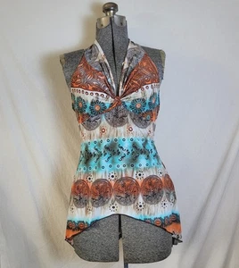 Vintage 90s Y2K Funky Halter Top Tropical Aysymmetric Hem Size S/M Body Central - Picture 1 of 12