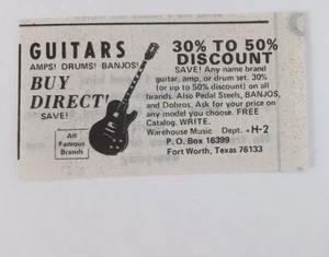 Gitarren! Verstärker! Schlagzeug! Banjos "Buy Direct" Warehouse Music (Miniprint Ad) 1973 - Bild 1 von 3