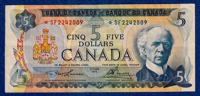 Canada  $5 1972 BC-48bA / P-87b Circulated Replacement /Asterisk Note *SF2242509 - Image 1 of 4