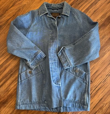 Vintage Eddie Bauer Jean Jacket Men's Med Denim Chore Barn Coat Button Back Blue - Image 1 of 4