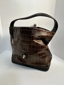 Bolso de Mano Hobo Grande Dooney Bourke Logo Lock Marrón Cocodrilo Cuero Repujado - Imagen 1 de 5