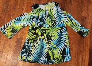 Slinky Brand Cold Shoulder Tropical Blouse Size Small 3/4 Sleave V Neck USA - Picture 1 of 5