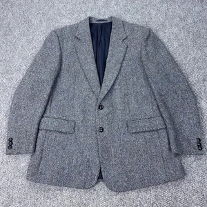 Harris Tweed Blazer Mens 44 Gray Wool Two Button Herringbone Jacket Scotland - Picture 1 of 19