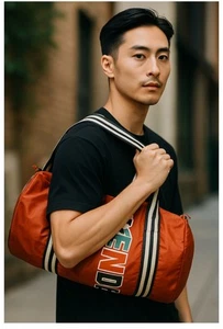 HENRI BENDEL SET! ORANGE NYLON GYM DUFFEL & POCHETTE WITH PILLOWCASES - UNISEX! - Picture 1 of 17