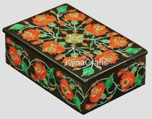 Black Marble Decorative Box Floral Pattern Inlay Work Jewelry Box 6 x 4 Inches - Picture 1 of 4