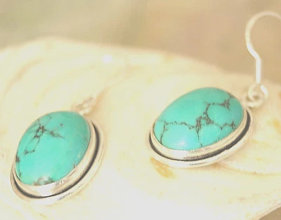 Handarbeit Ohrringe Türkis Echt Silber Tropfen Oval Natürlich Groß Ohrhänger - Bild 1 von 3