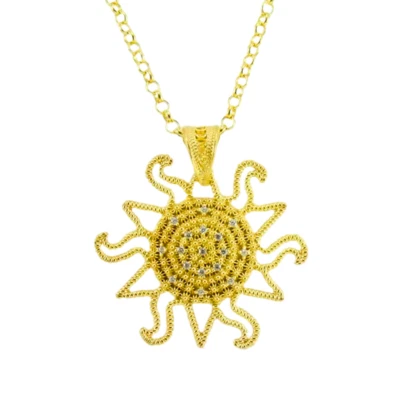 Collana Sarda Argento Dorato Zirconi Pendente Sole e Corbula - Gioiello Sardegna - Immagine 1 di 2
