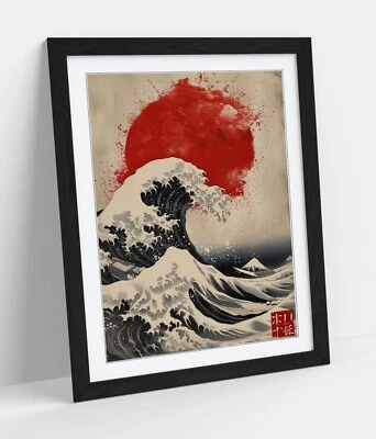 HOKUSAI STYLE WAVE WITH RED SUN BEDROOM FRAMED WALL ART POSTER PRINT 4 SIZES - Image 1 of 4