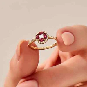 10k Gold Ruby Flower Ring, Art Deco Ruby Ring, Solid Gold Pink Gemstone Ring - Picture 1 of 4