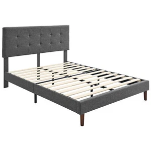 BIKAHOM Upholstered Platform Bed with Square Stitch Headboard, King, Dark Grey - Picture 1 of 7