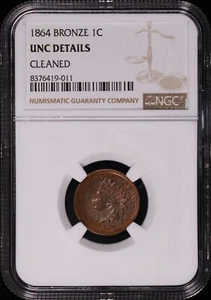 1864 Bronze Indian Head Cent NGC UNC Details Cleaned - Picture 1 of 2