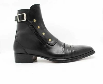 Handmade Black Leather Ankle High Combat Buckle Boot with Zipper and Button Boot - Image 1 of 4