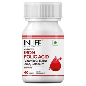 INLIFE Chelated Iron Folic Acid Supplement with Vitamin C, E, B12, Zinc pack 3 - Picture 1 of 6