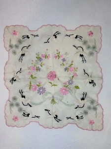 Antique Silk Chinese Asian Handkerchief Hankie Cranes Pink Flowers Embroidered - Picture 1 of 7