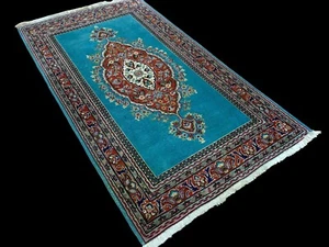 RARE ANTIQUE RUG 3x5 HANDMADE VINTAGE TEAL TURQUOISE RED GOLD MEDALLION QUUM RUG - Picture 1 of 16