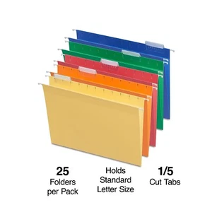 Staples Hanging File Folders 5-Tab Letter Size Assorted Colors 50/Carton - Picture 1 of 4
