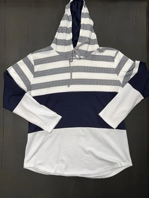 Sudadera con capucha de felpa francesa blanca y azul para mujer grande ligera con textura bloque de color Foto 1 de 4