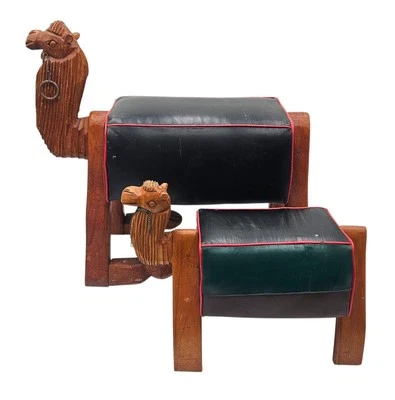 Hand Carved Wooden Camel Padded Foot Stools with Leather Cushions, Set Of 2 - Image 1 of 4