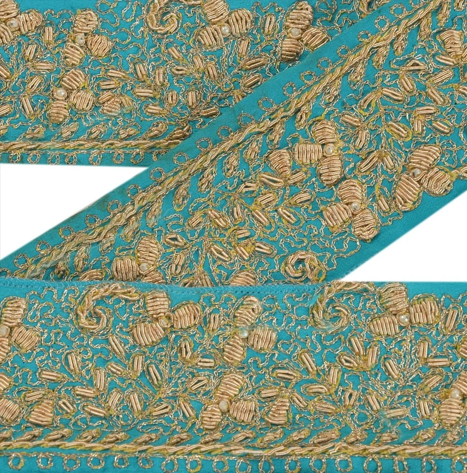 Sánskriti Vintage Sari Borde Cuentas Artesanal Zardoz Decoración Encaje 1YD Azul Aqua Foto 1 de 4