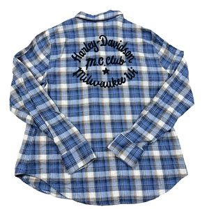 Harley Davidson Flanellhemd Damen Large blau kariert Knopfleiste Motorrad Club - Bild 1 von 11