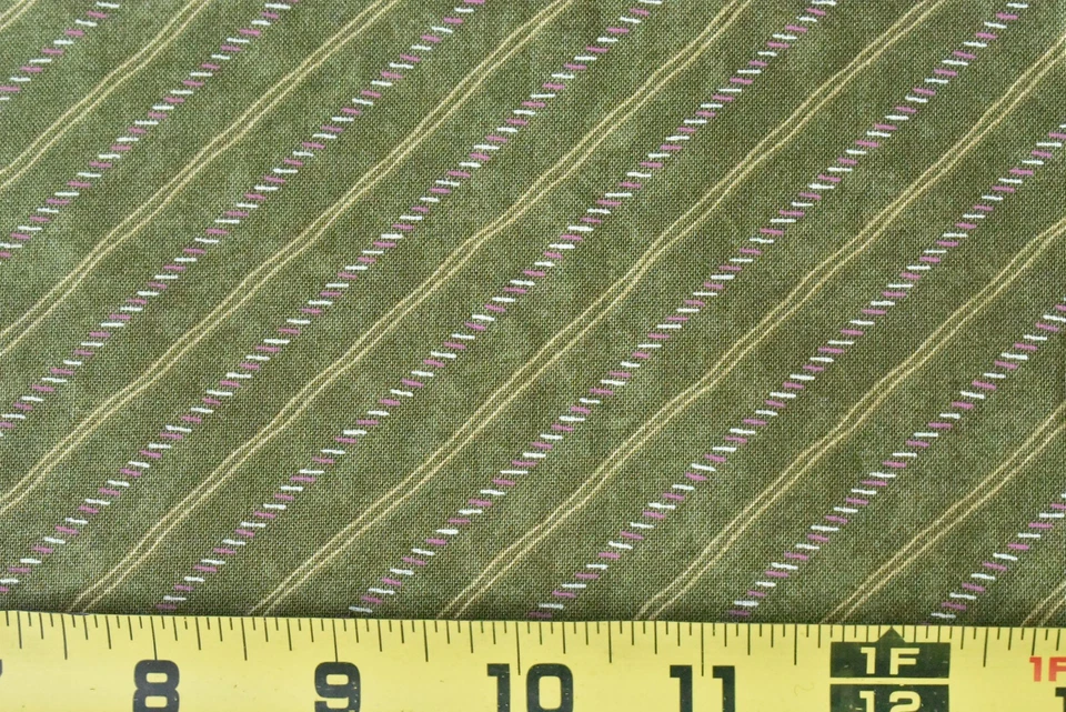 By 1/2 Yd, Pink & Gold Diagonal Stripes on Olive Cotton/Moda/Gervais,P8341 - Image 1 of 4