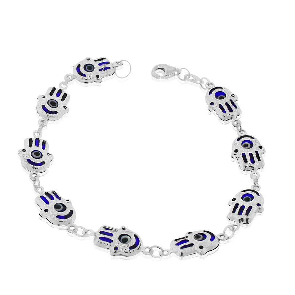 Pulsera de plata de ley 925 azul Hamsa mano buena suerte eslabón cadena Foto 1 de 3