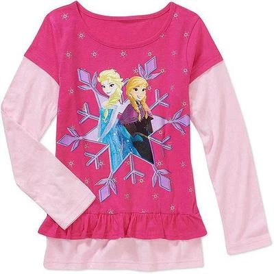Disney Frozen ELSA ANNA Snowflake Girls Long Sleeve Graphic Tee PINK-New - Image 1 of 2