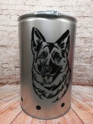 FUCHSBAU FEUERTONNEN Feuertonne mit - Schäferhund - Motiv, aus NEUEM 200L Ölfass, Feuerkorb