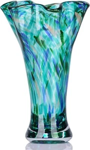 9.0" H Teal Glass Vases Hand Blow Wide Mouth Green Flower Vase Centerpieces - Picture 1 of 6
