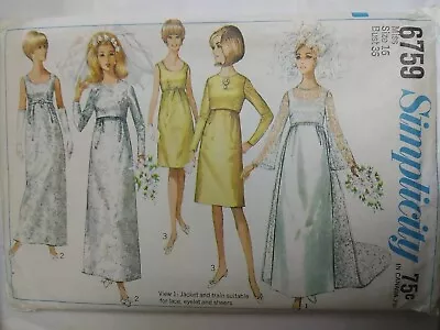 Train Jacket Dress Wedding Bridal 16 Simplicity 6759 Sewing Pattern VTG 60s FF - Image 1 of 4